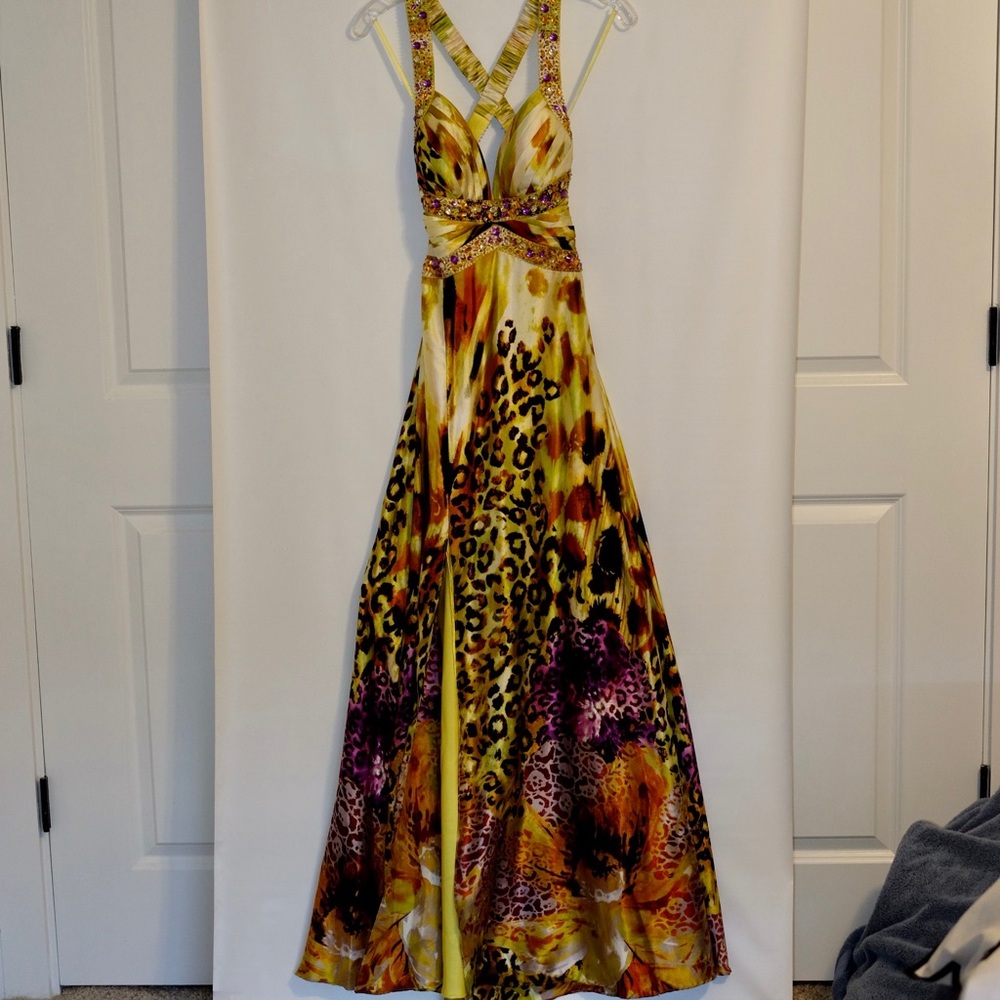 Long multicolored animal print gown